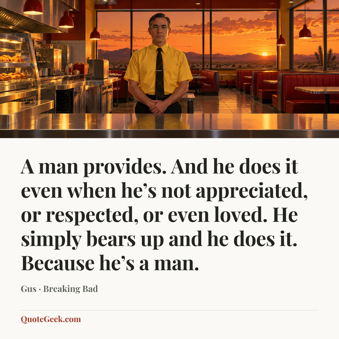 “A man provides. And he does it even when he’s not appreciated, or respected, or even loved. He simply bears up and he does it. Because he’s a man.” — Gus · Breaking Bad. Illustrated QuoteGeek card.