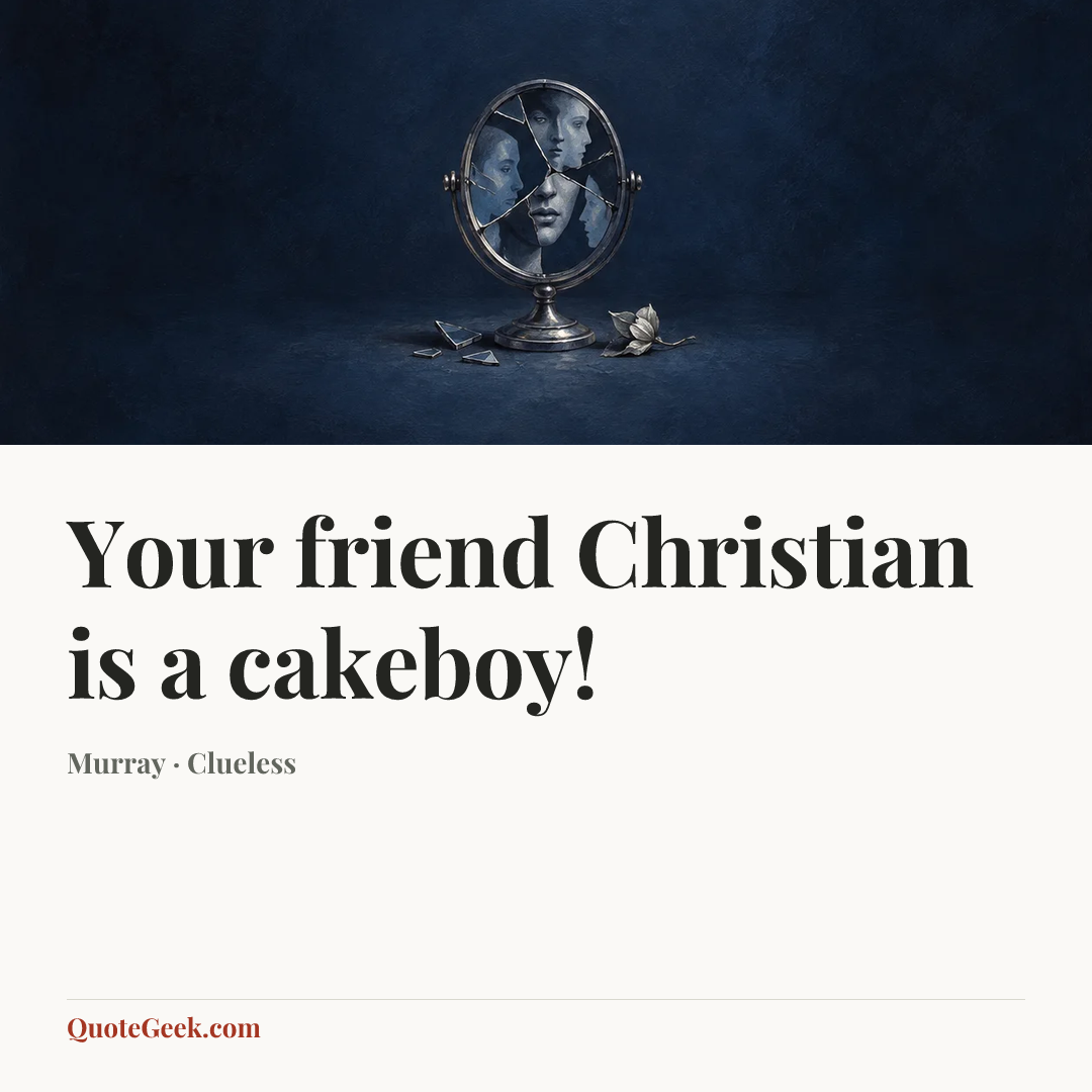 “Your friend Christian is a cakeboy!” — Murray · Clueless. Illustrated QuoteGeek card.
