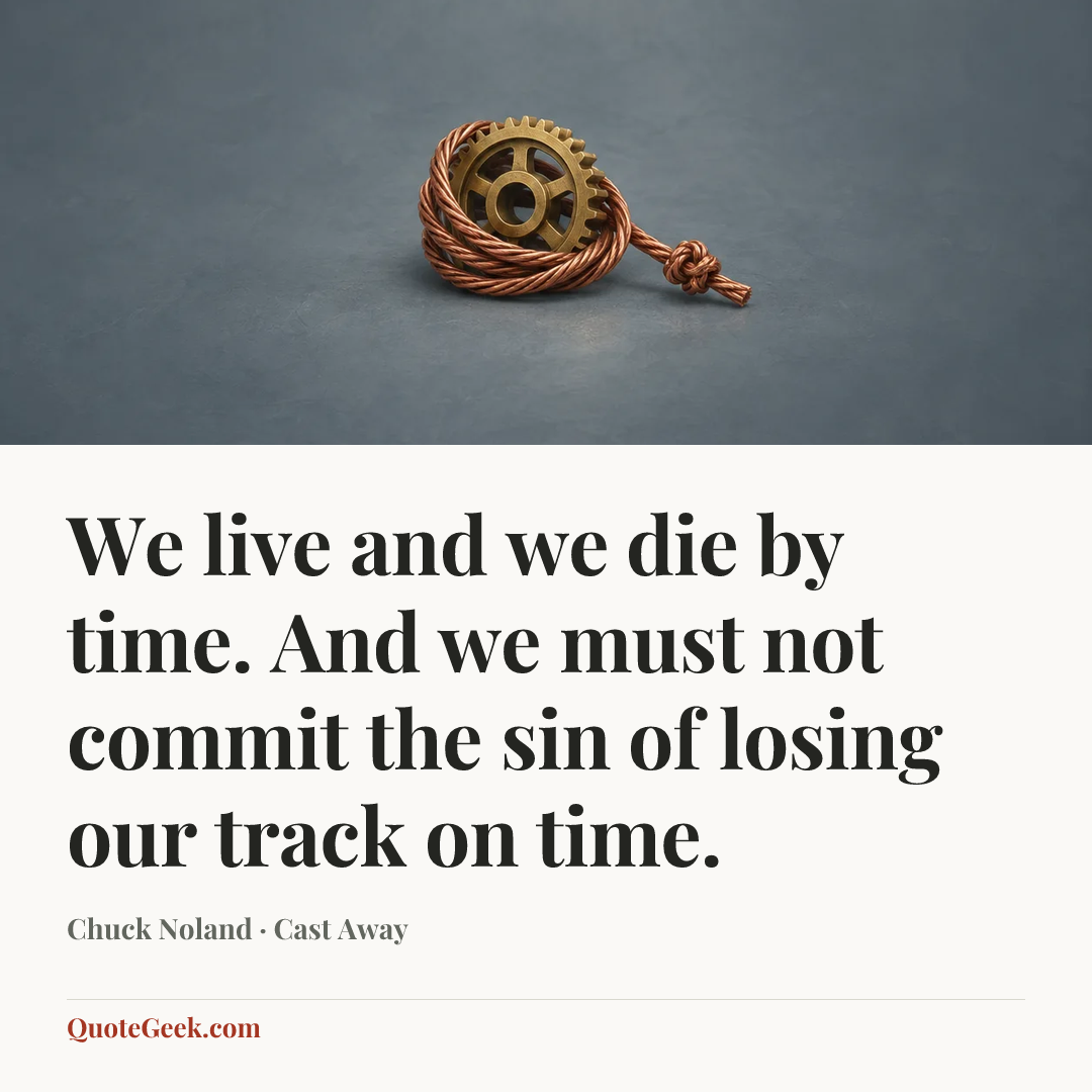 “We live and we die by time. And we must not commit the sin of losing our track on time.” — Chuck Noland · Cast Away. Illustrated QuoteGeek card.