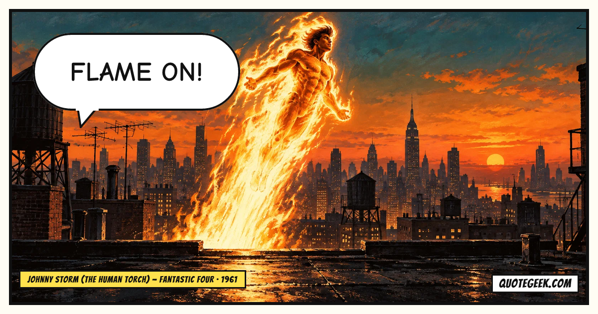 “Flame on!” — Johnny Storm (the Human Torch) · Fantastic Four. Illustrated QuoteGeek card.