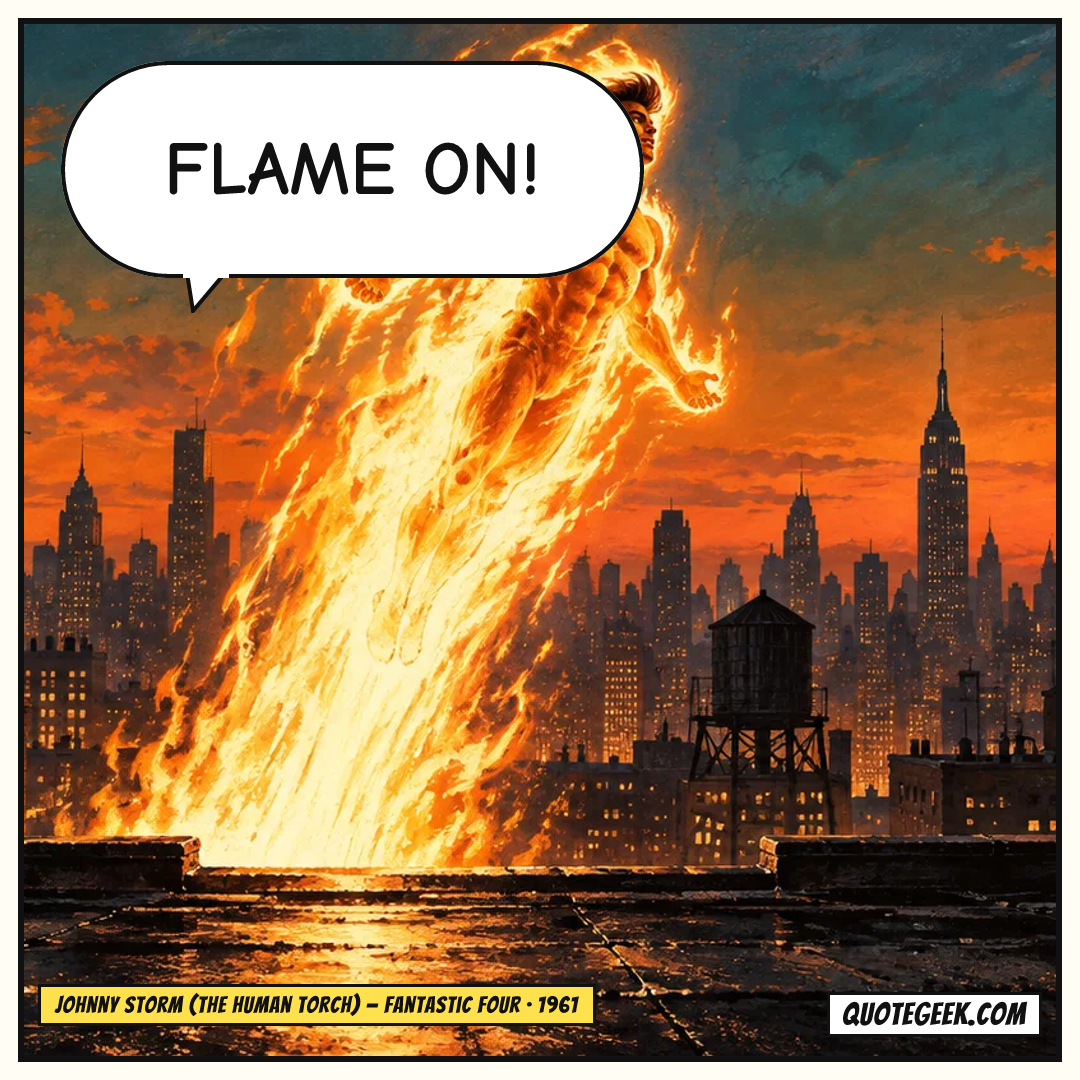 “Flame on!” — Johnny Storm (the Human Torch) · Fantastic Four. Illustrated QuoteGeek card.