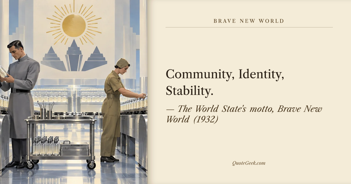 “Community, Identity, Stability.” — The World State's motto, Brave New World (1932) · Brave New World. Illustrated QuoteGeek card.