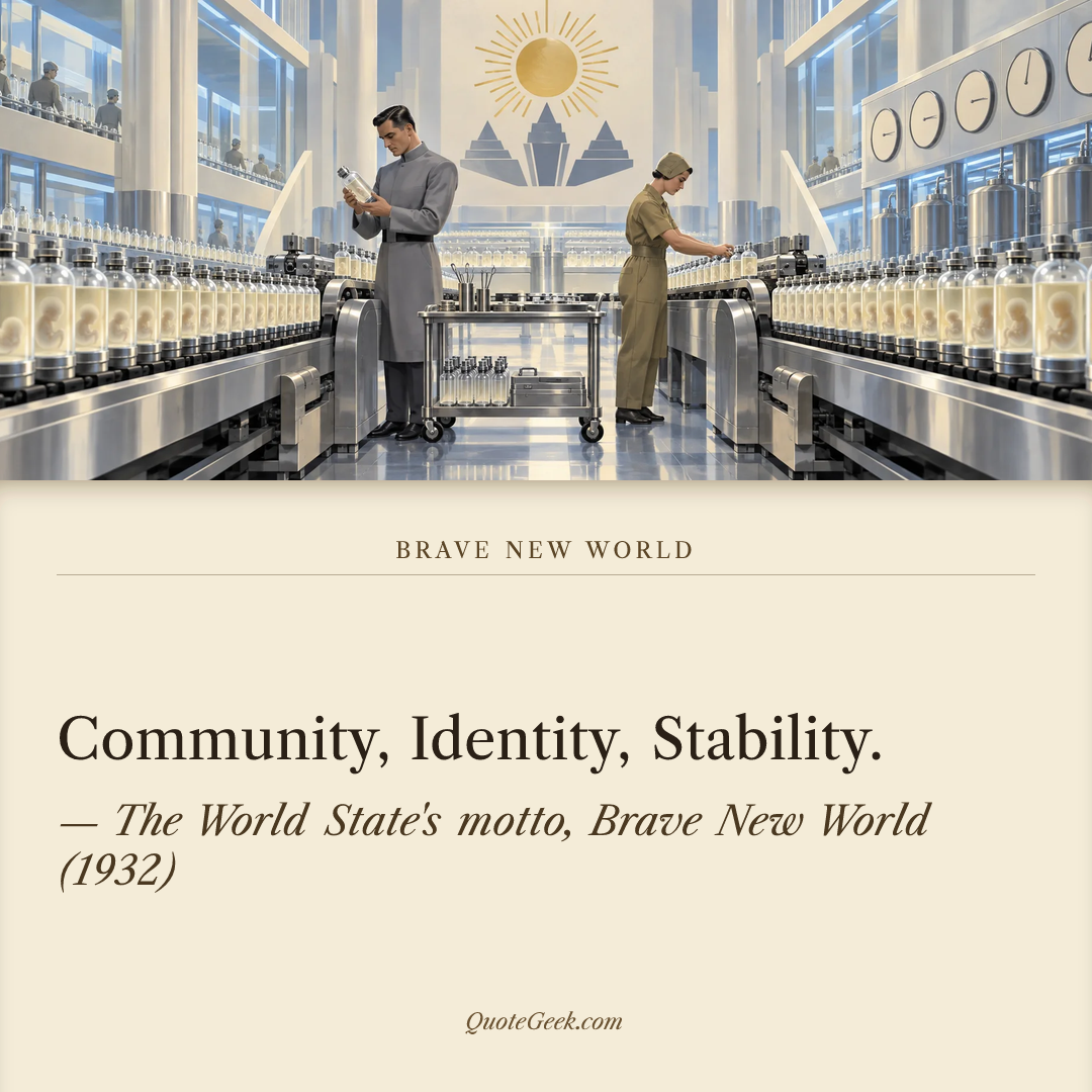 “Community, Identity, Stability.” — The World State's motto, Brave New World (1932) · Brave New World. Illustrated QuoteGeek card.