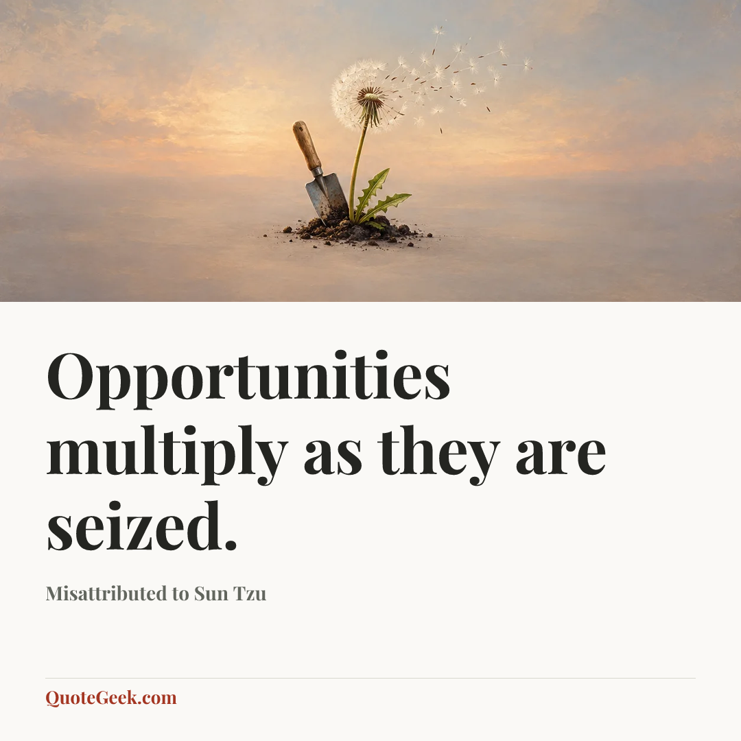 “Opportunities multiply as they are seized.” — Misattributed to Sun Tzu. Illustrated QuoteGeek card.