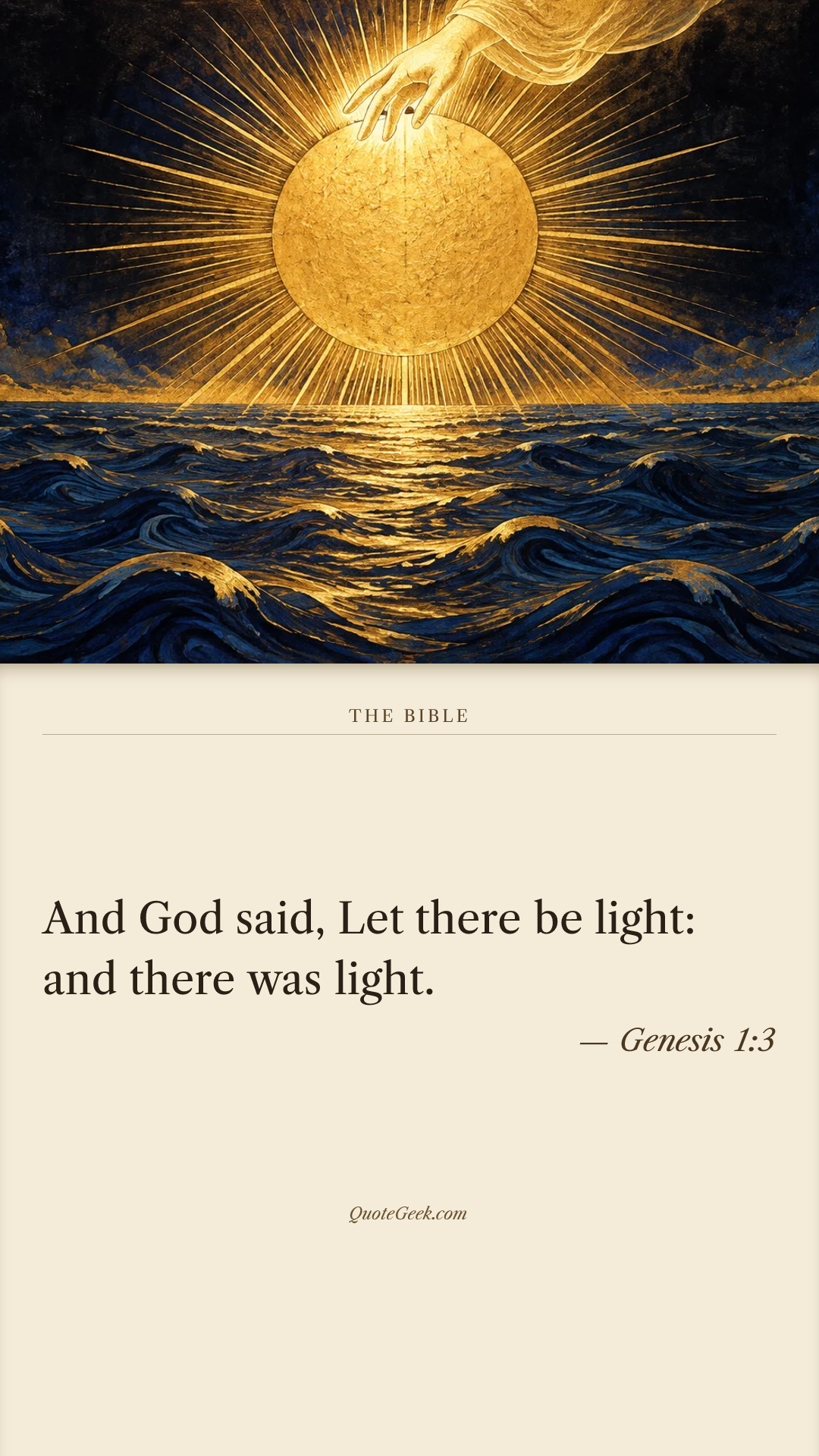 “And God said, Let there be light: and there was light.” — Genesis 1:3 · The Bible. Illustrated QuoteGeek card.