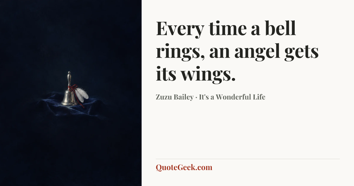 “Every time a bell rings, an angel gets its wings.” — Zuzu Bailey · It's a Wonderful Life. Illustrated QuoteGeek card.