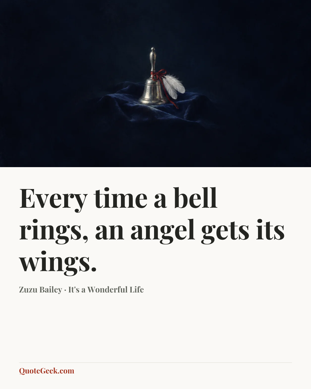 “Every time a bell rings, an angel gets its wings.” — Zuzu Bailey · It's a Wonderful Life. Illustrated QuoteGeek card.