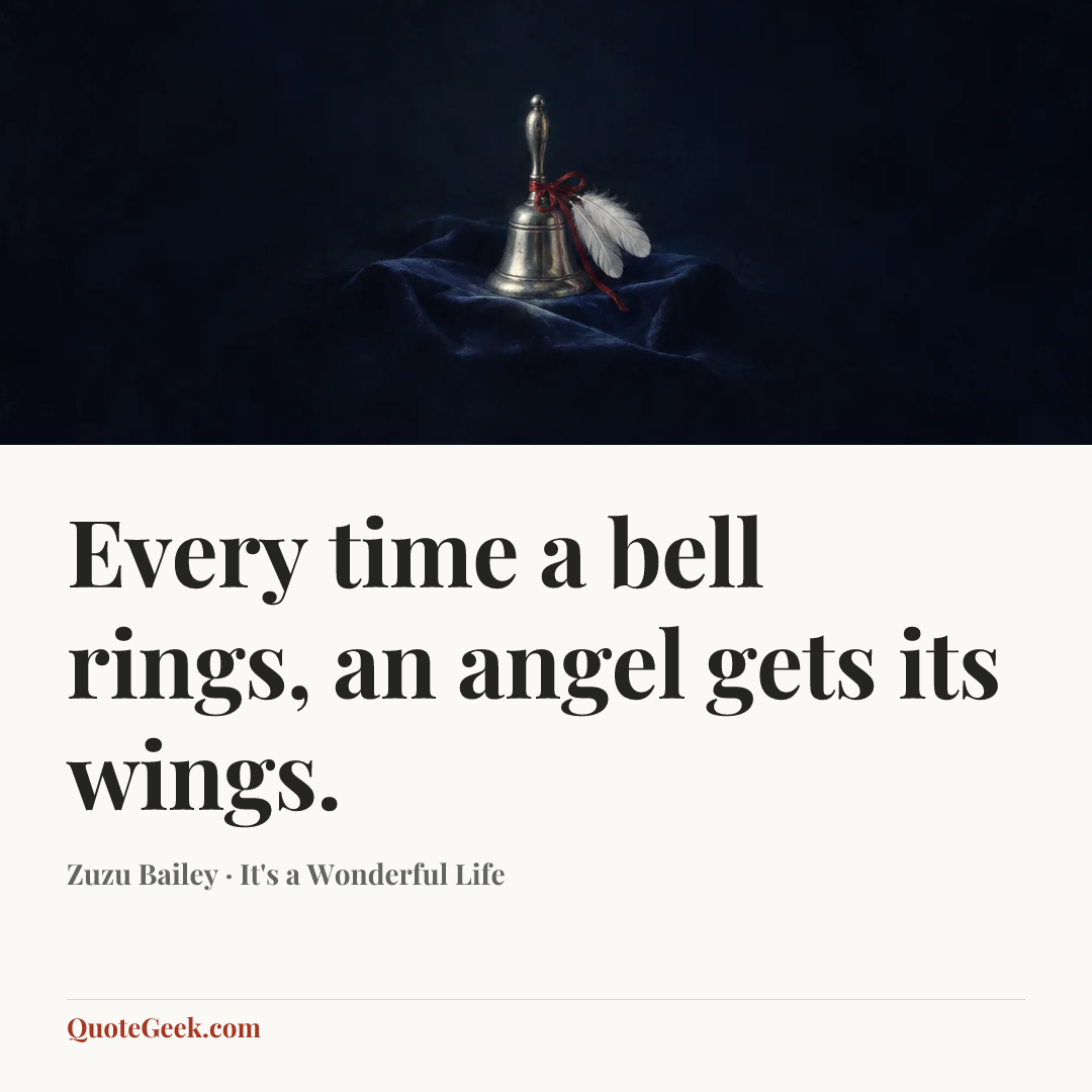 “Every time a bell rings, an angel gets its wings.” — Zuzu Bailey · It's a Wonderful Life. Illustrated QuoteGeek card.