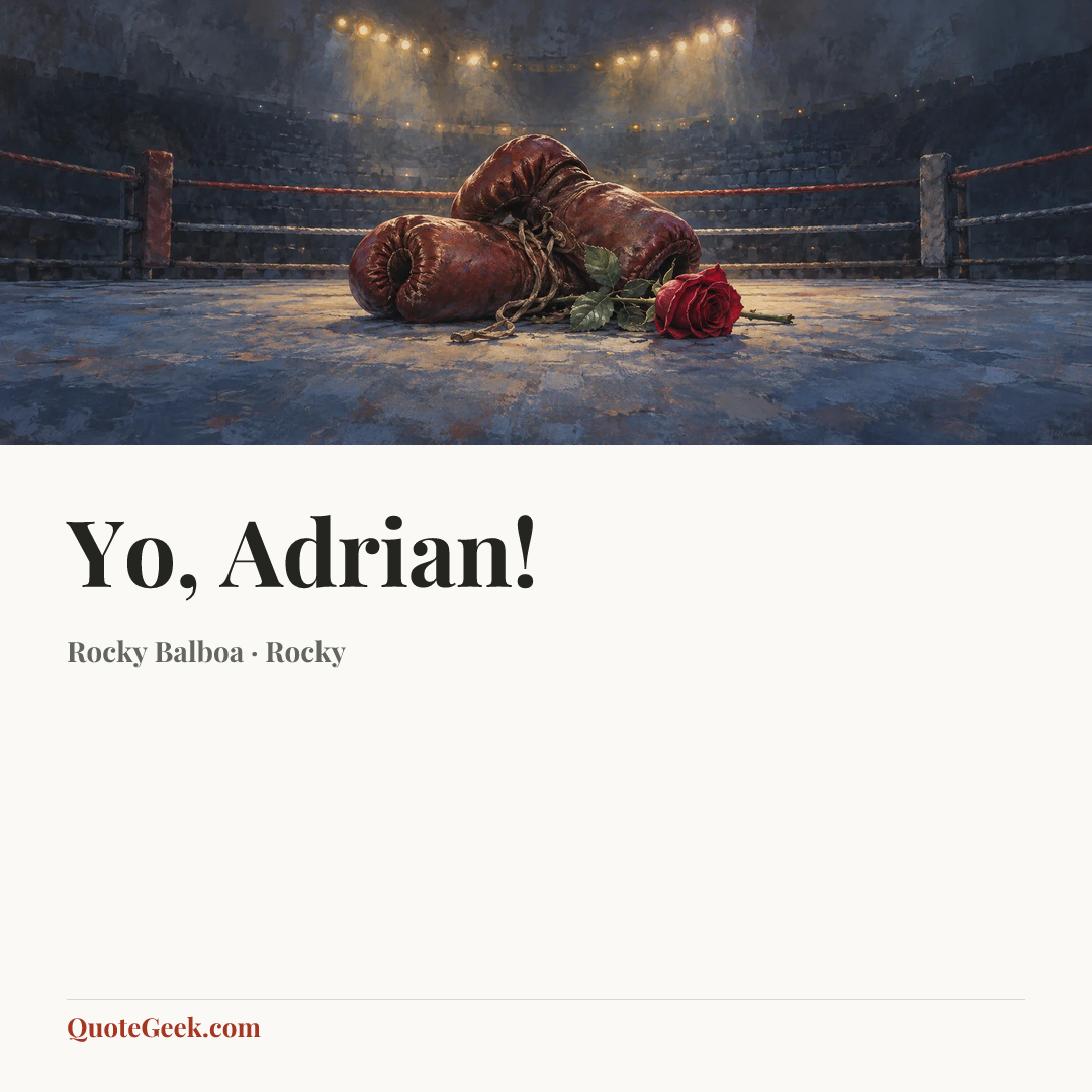 “Yo, Adrian!” — Rocky Balboa · Rocky. Illustrated QuoteGeek card.