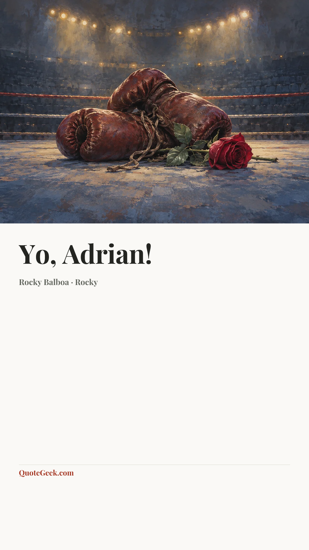 “Yo, Adrian!” — Rocky Balboa · Rocky. Illustrated QuoteGeek card.