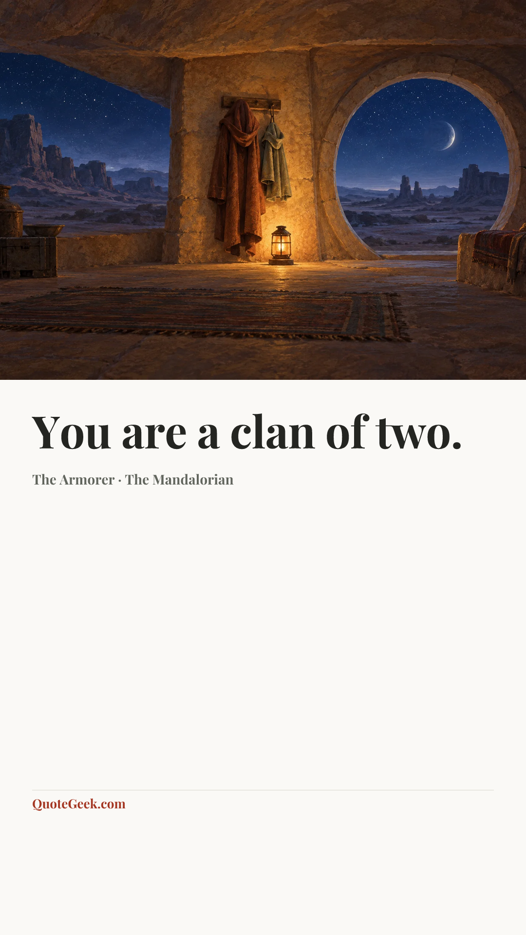 “You are a clan of two.” — The Armorer · The Mandalorian. Illustrated QuoteGeek card.