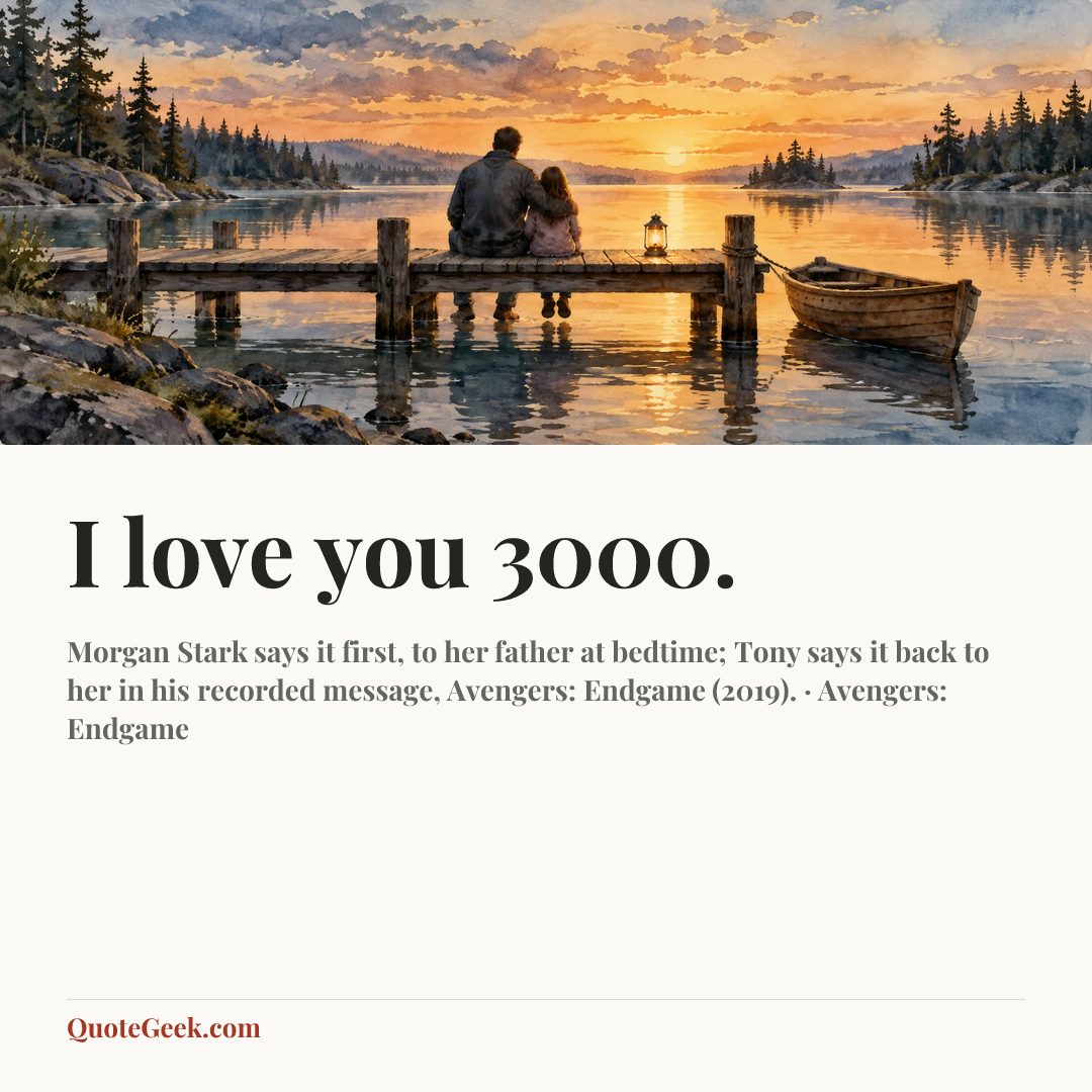 “I love you 3000.” — Morgan Stark says it first, to her father at bedtime; Tony says it back to her in his recorded message, Avengers: Endgame (2019). · Avengers: Endgame. Illustrated QuoteGeek card.