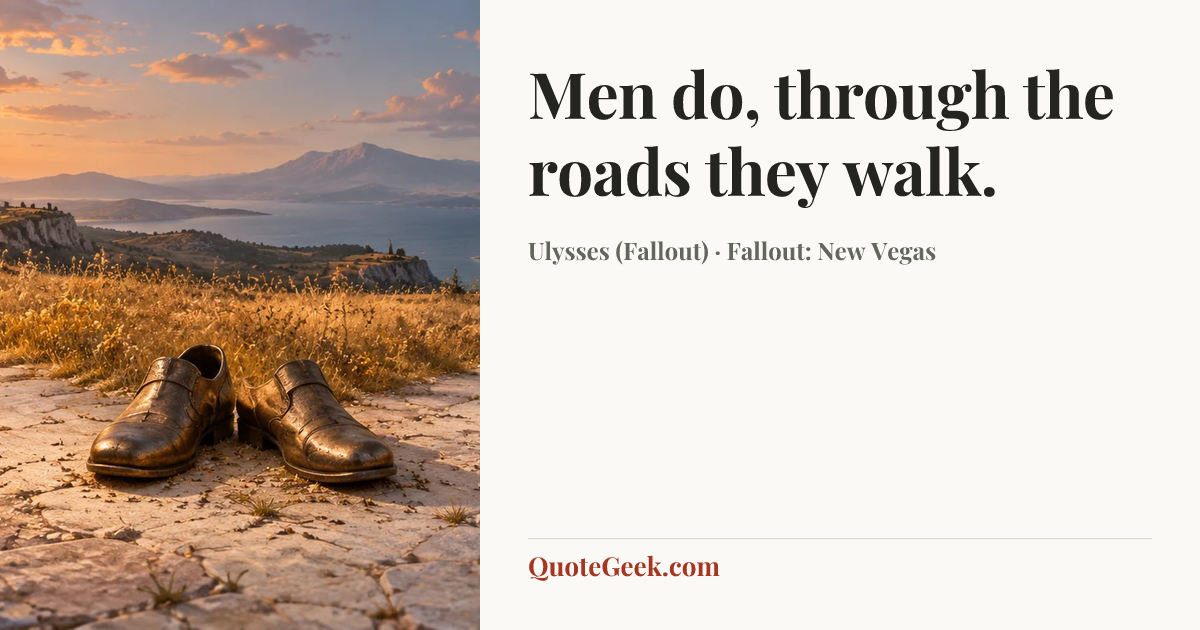 “Men do, through the roads they walk.” — Ulysses (Fallout) · Fallout: New Vegas. Illustrated QuoteGeek card.