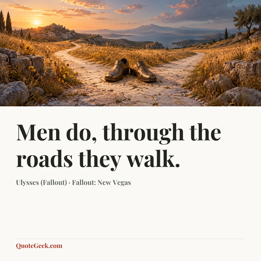 “Men do, through the roads they walk.” — Ulysses (Fallout) · Fallout: New Vegas. Illustrated QuoteGeek card.
