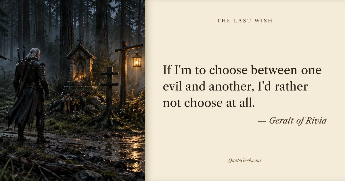 “If I'm to choose between one evil and another, I'd rather not choose at all.” — Geralt of Rivia · The Last Wish. Illustrated QuoteGeek card.