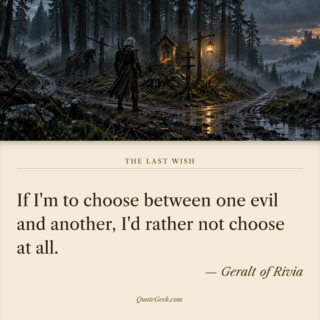 “If I'm to choose between one evil and another, I'd rather not choose at all.” — Geralt of Rivia · The Last Wish. Illustrated QuoteGeek card.