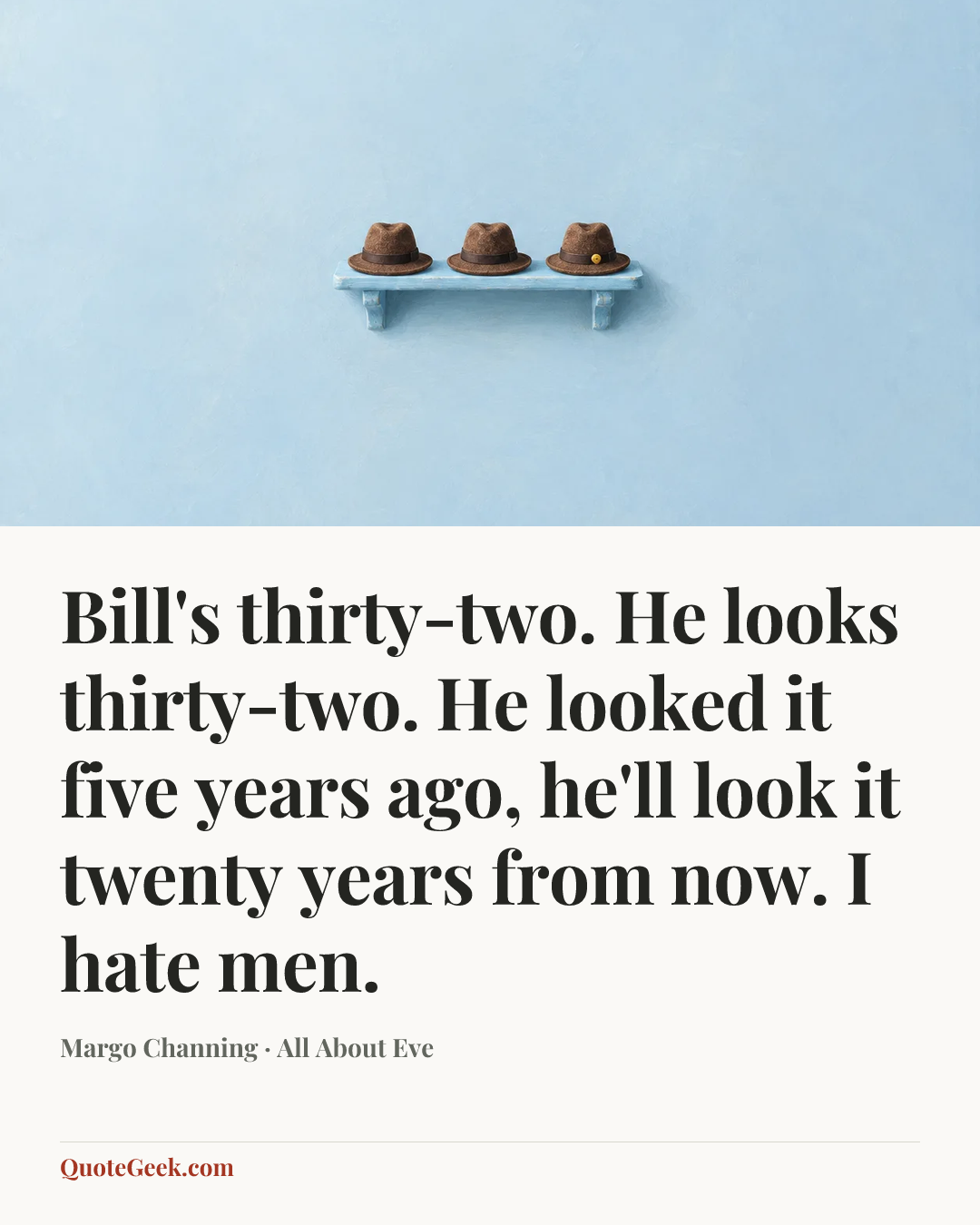 “Bill's thirty-two. He looks thirty-two. He looked it five years ago, he'll look it twenty years from now. I hate men.” — Margo Channing · All About Eve. Illustrated QuoteGeek card.