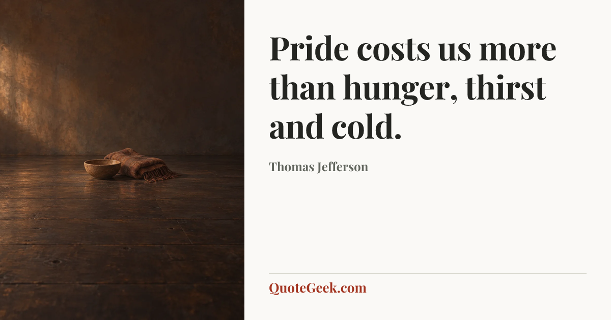 “Pride costs us more than hunger, thirst and cold.” — Thomas Jefferson. Illustrated QuoteGeek card.