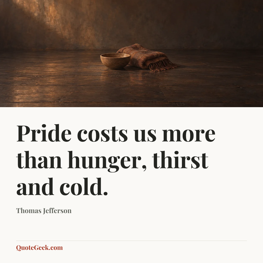 “Pride costs us more than hunger, thirst and cold.” — Thomas Jefferson. Illustrated QuoteGeek card.