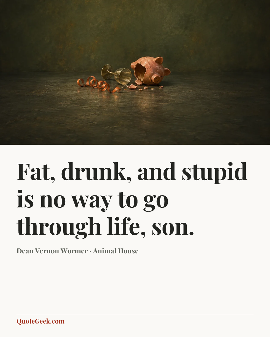 “Fat, drunk, and stupid is no way to go through life, son.” — Dean Vernon Wormer · Animal House. Illustrated QuoteGeek card.
