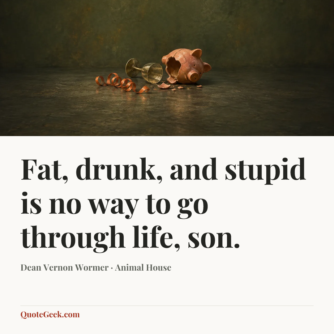 “Fat, drunk, and stupid is no way to go through life, son.” — Dean Vernon Wormer · Animal House. Illustrated QuoteGeek card.