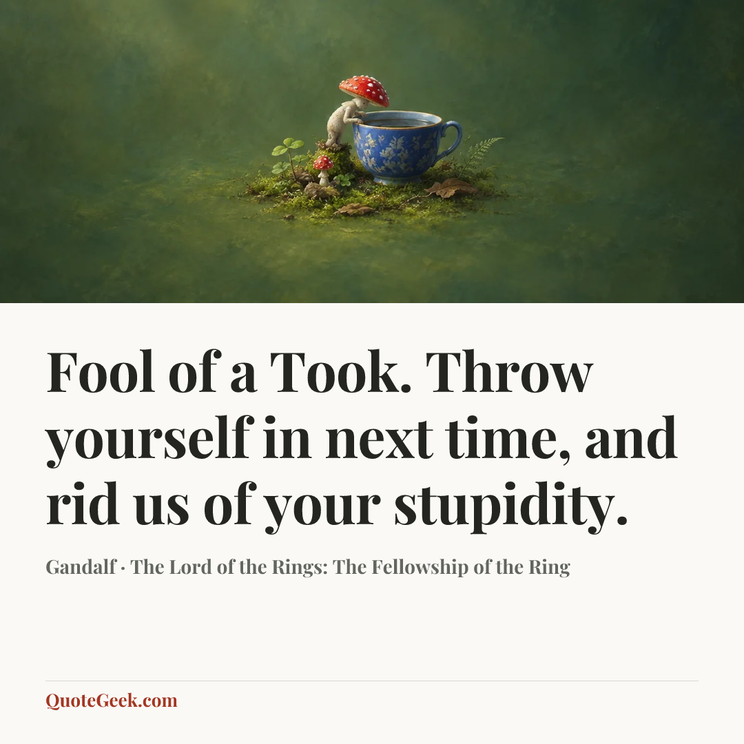 “Fool of a Took. Throw yourself in next time, and rid us of your stupidity.” — Gandalf · The Lord of the Rings: The Fellowship of the Ring. Illustrated QuoteGeek card.