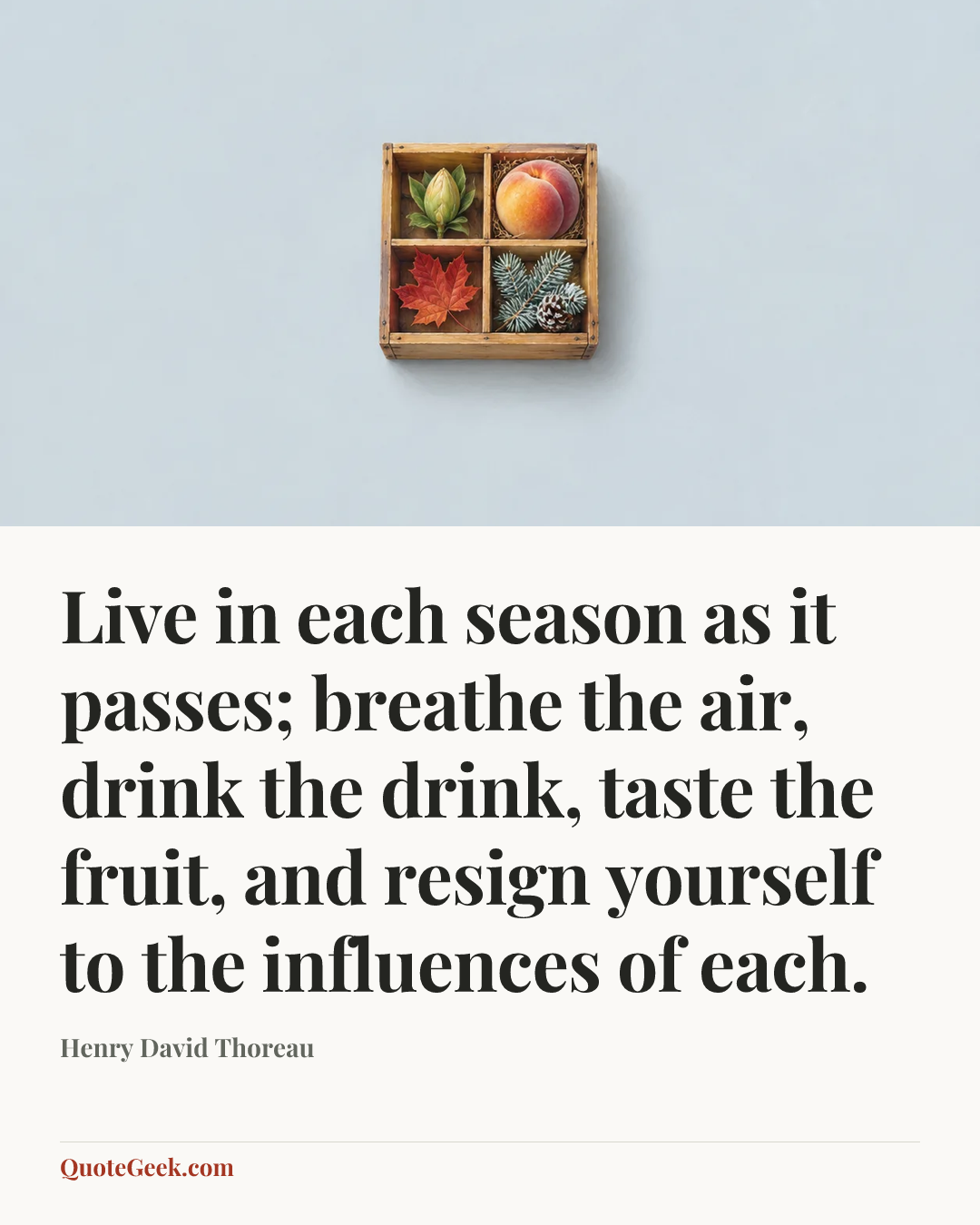 “Live in each season as it passes; breathe the air, drink the drink, taste the fruit, and resign yourself to the influences of each.” — Henry David Thoreau. Illustrated QuoteGeek card.