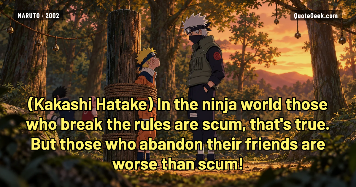 “In the ninja world those who break the rules are scum, that's true. But those who abandon their friends are worse than scum!” — Kakashi Hatake · Naruto. Illustrated QuoteGeek card.