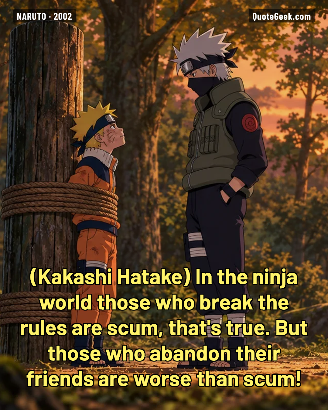 “In the ninja world those who break the rules are scum, that's true. But those who abandon their friends are worse than scum!” — Kakashi Hatake · Naruto. Illustrated QuoteGeek card.