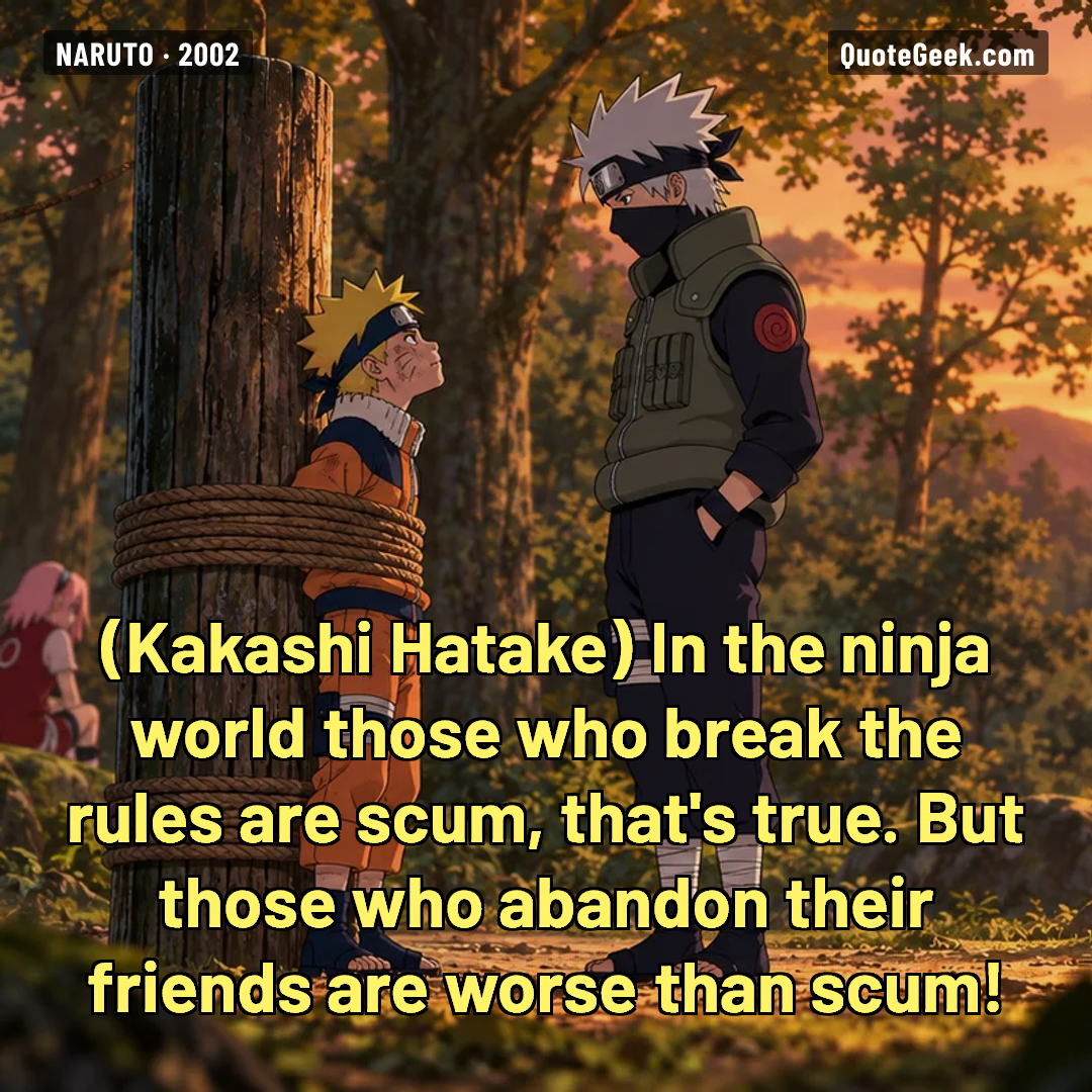 “In the ninja world those who break the rules are scum, that's true. But those who abandon their friends are worse than scum!” — Kakashi Hatake · Naruto. Illustrated QuoteGeek card.