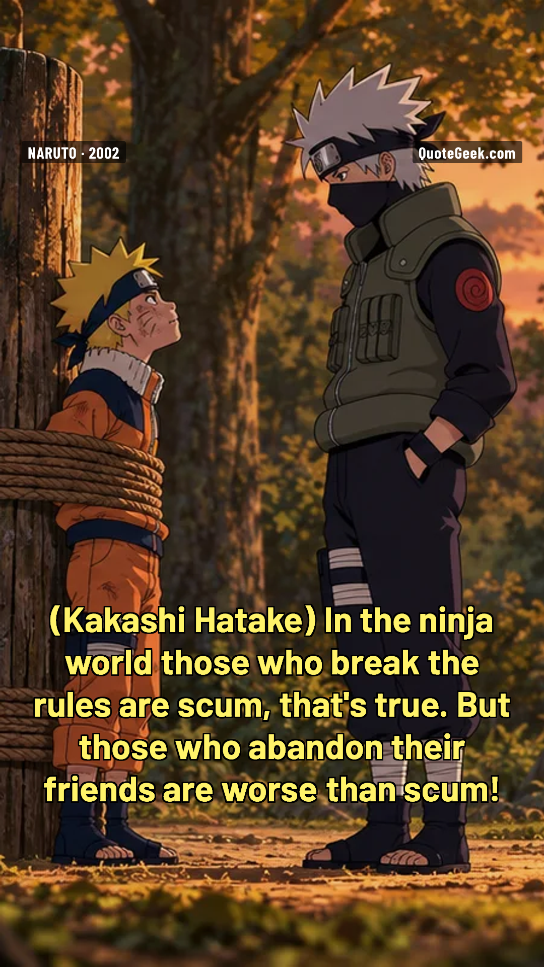 “In the ninja world those who break the rules are scum, that's true. But those who abandon their friends are worse than scum!” — Kakashi Hatake · Naruto. Illustrated QuoteGeek card.