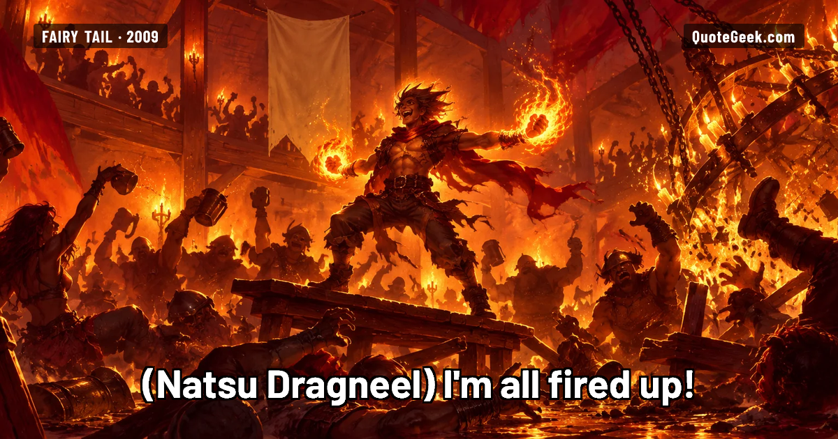 “I'm all fired up!” — Natsu Dragneel · Fairy Tail. Illustrated QuoteGeek card.