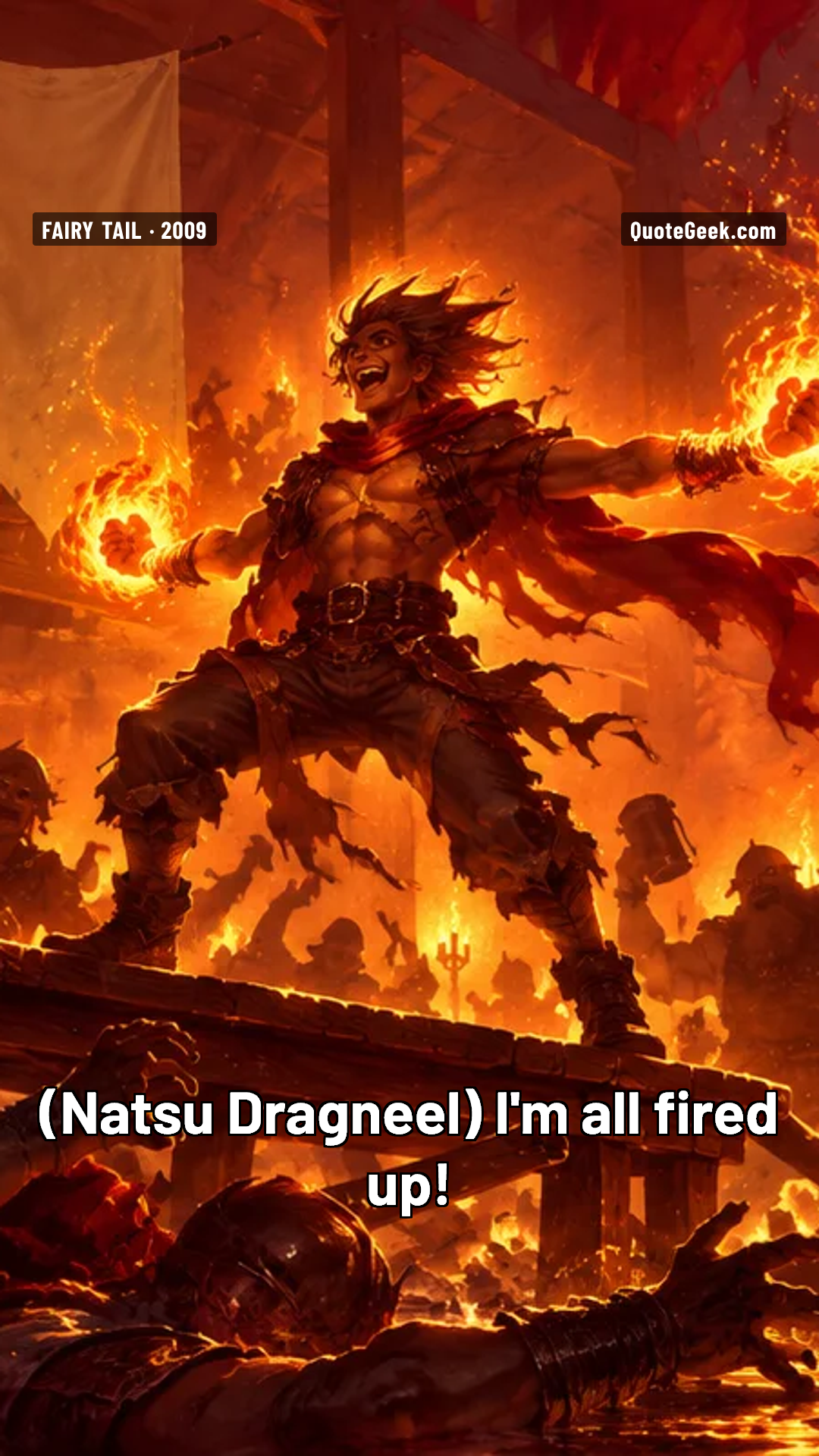 “I'm all fired up!” — Natsu Dragneel · Fairy Tail. Illustrated QuoteGeek card.