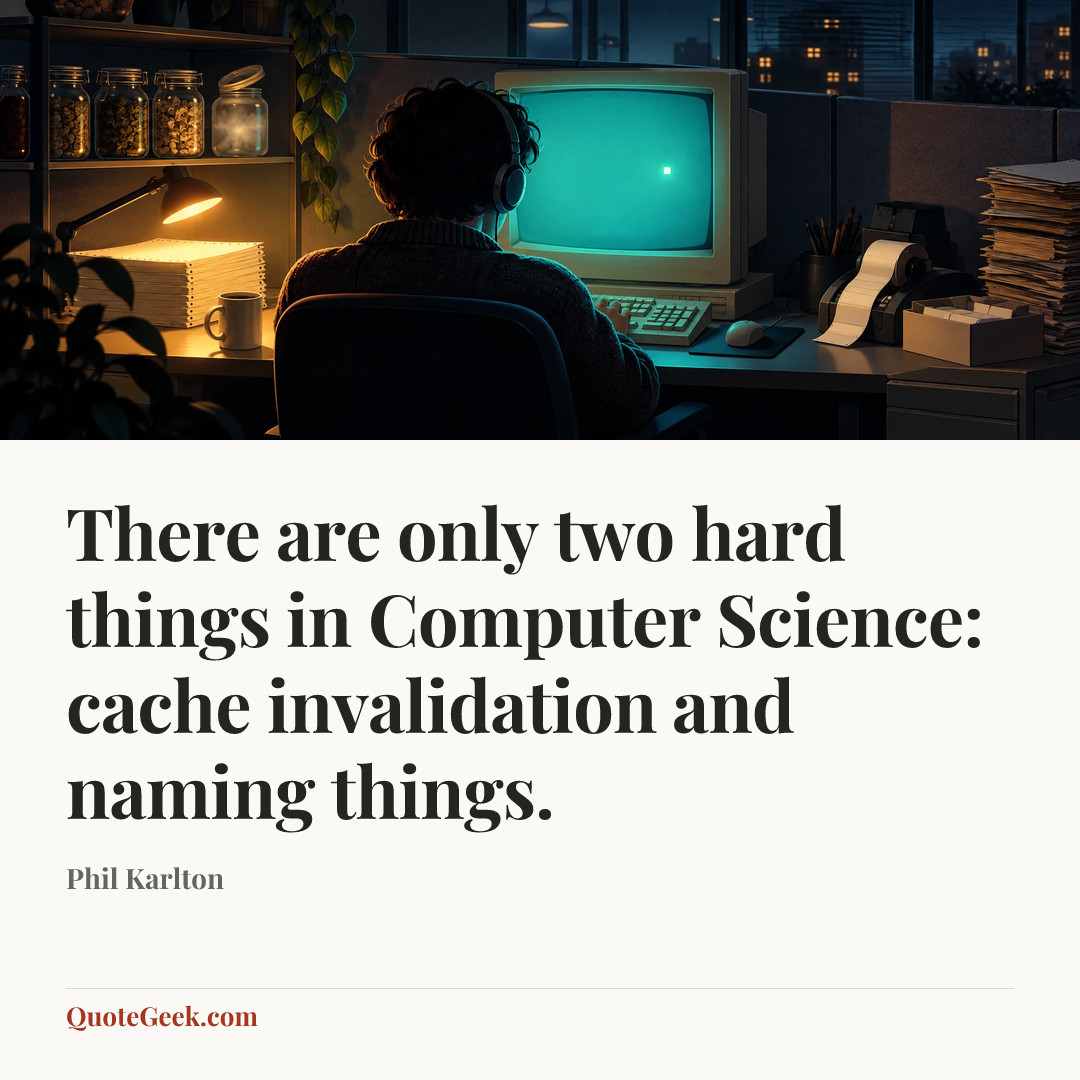 “There are only two hard things in Computer Science: cache invalidation and naming things.” — Phil Karlton. Illustrated QuoteGeek card.