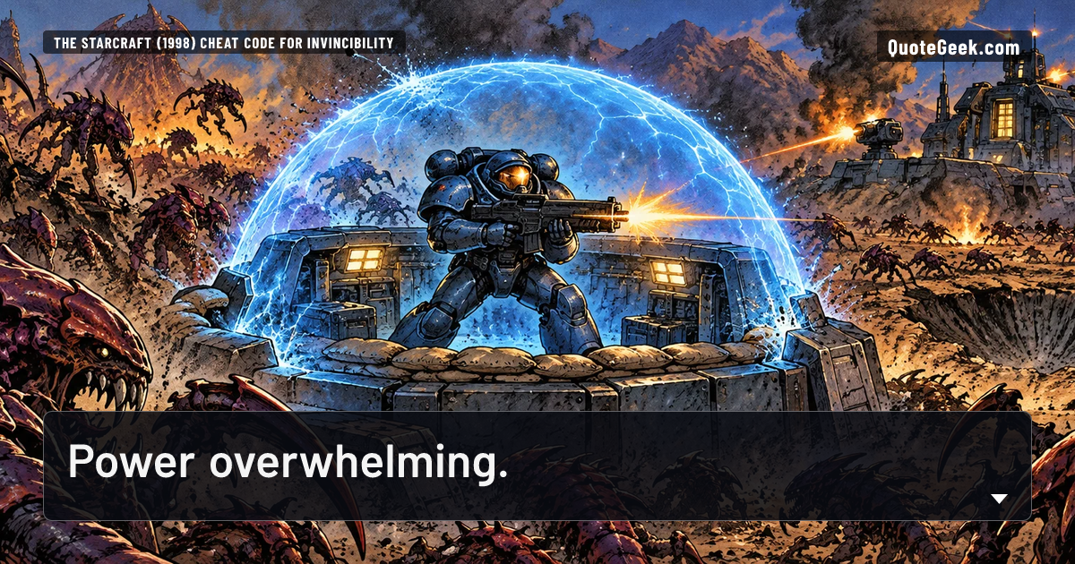 “Power overwhelming.” — The StarCraft (1998) cheat code for invincibility · StarCraft. Illustrated QuoteGeek card.