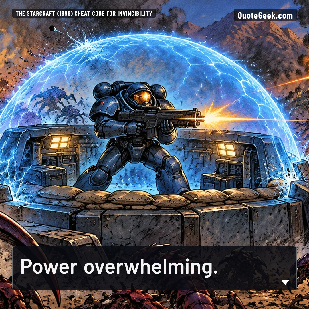 “Power overwhelming.” — The StarCraft (1998) cheat code for invincibility · StarCraft. Illustrated QuoteGeek card.