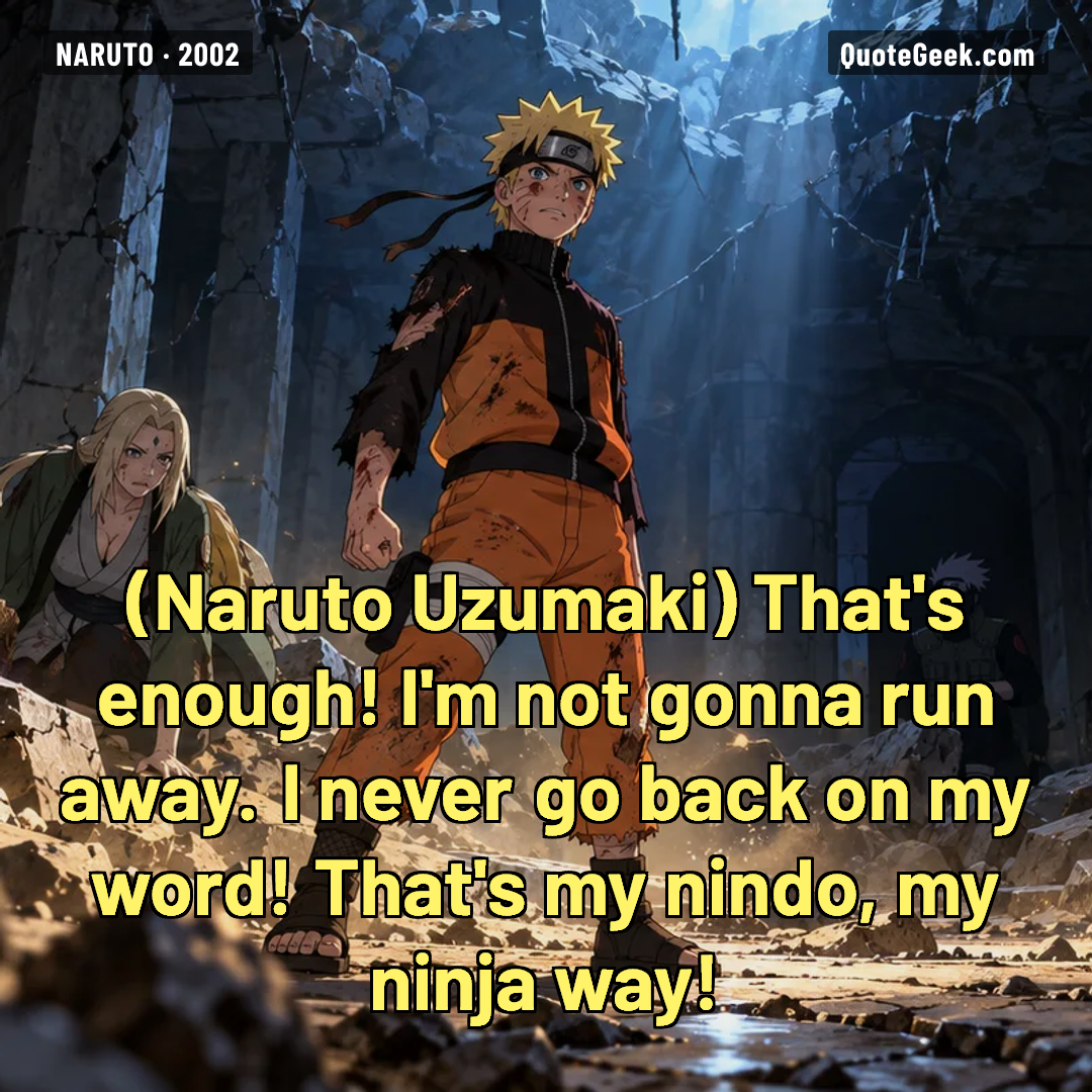 “That's enough! I'm not gonna run away. I never go back on my word! That's my nindo, my ninja way!” — Naruto Uzumaki · Naruto. Illustrated QuoteGeek card.