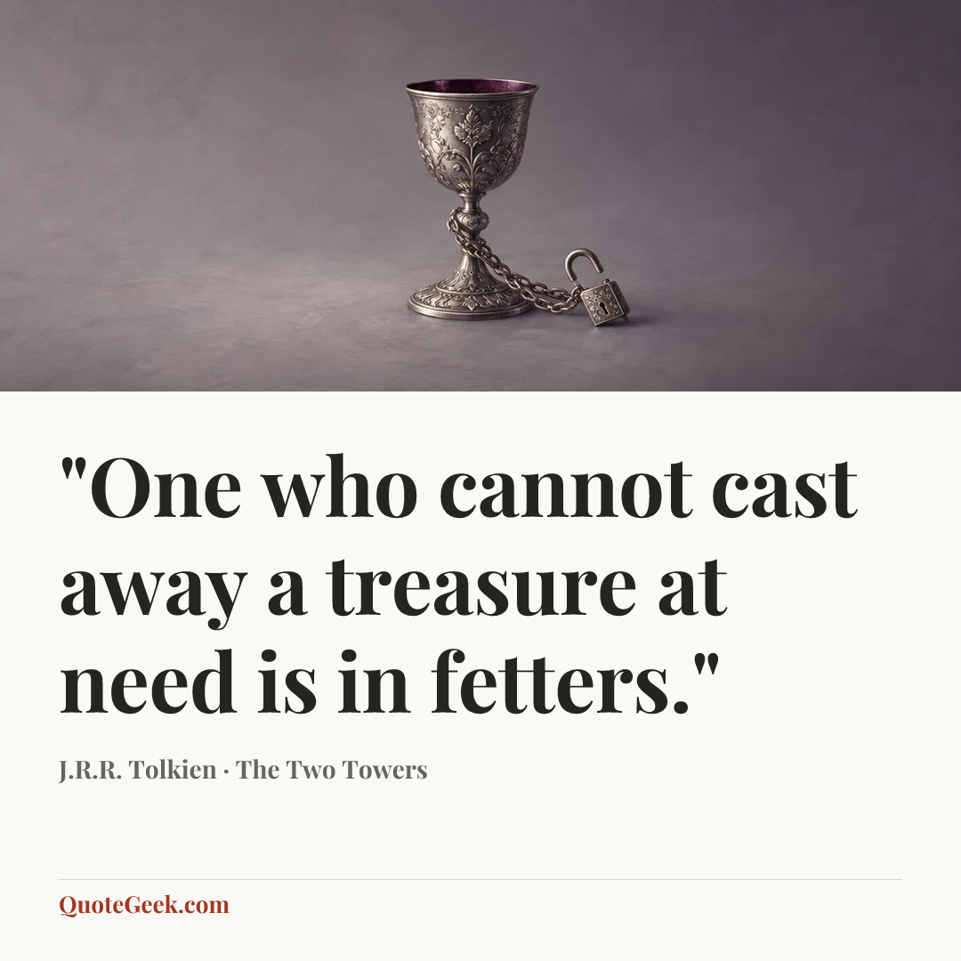 “"One who cannot cast away a treasure at need is in fetters."” — J.R.R. Tolkien · The Two Towers. Illustrated QuoteGeek card.
