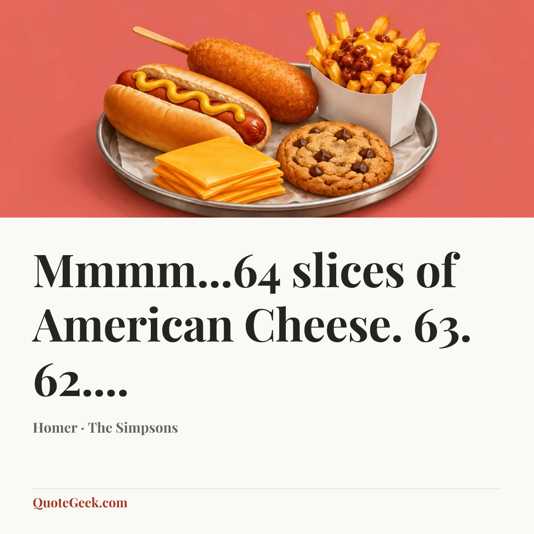 “Mmmm...64 slices of American Cheese. 63. 62....” — Homer · The Simpsons. Illustrated QuoteGeek card.