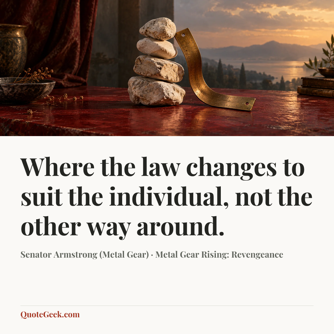 “Where the law changes to suit the individual, not the other way around.” — Senator Armstrong (Metal Gear) · Metal Gear Rising: Revengeance. Illustrated QuoteGeek card.