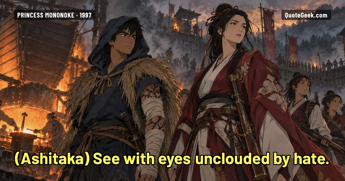 “See with eyes unclouded by hate.” — Ashitaka · Princess Mononoke. Illustrated QuoteGeek card.
