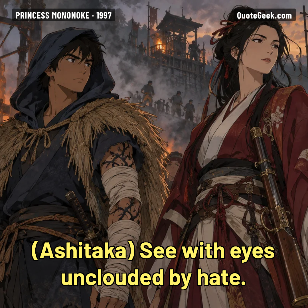 “See with eyes unclouded by hate.” — Ashitaka · Princess Mononoke. Illustrated QuoteGeek card.
