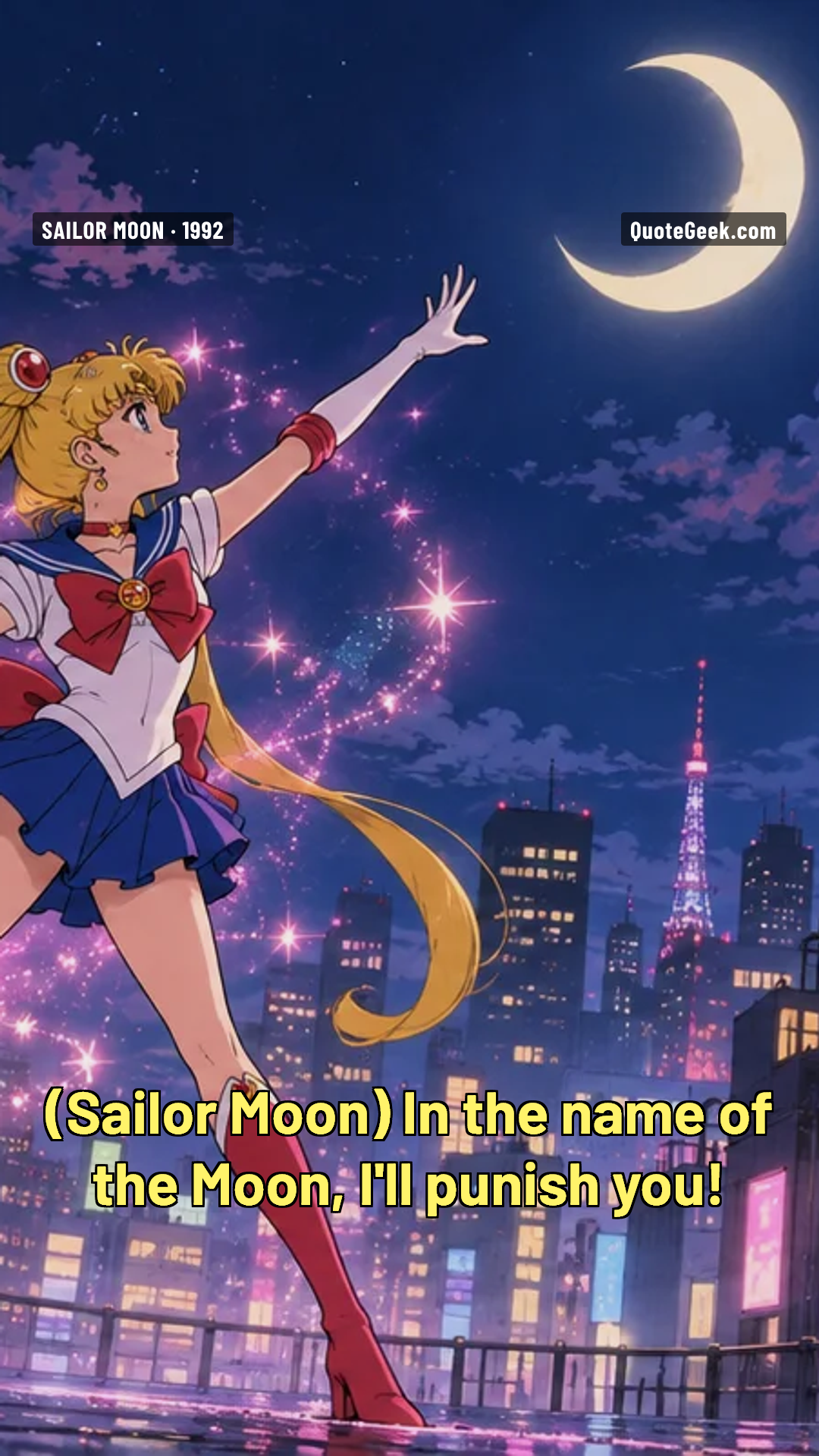 “In the name of the Moon, I'll punish you!” — Sailor Moon · Sailor Moon. Illustrated QuoteGeek card.