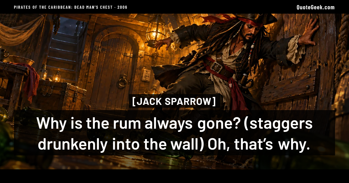 “Why is the rum always gone? (staggers drunkenly into the wall) Oh, that’s why.” — Jack Sparrow · Pirates of the Caribbean: Dead Man's Chest. Illustrated QuoteGeek card.