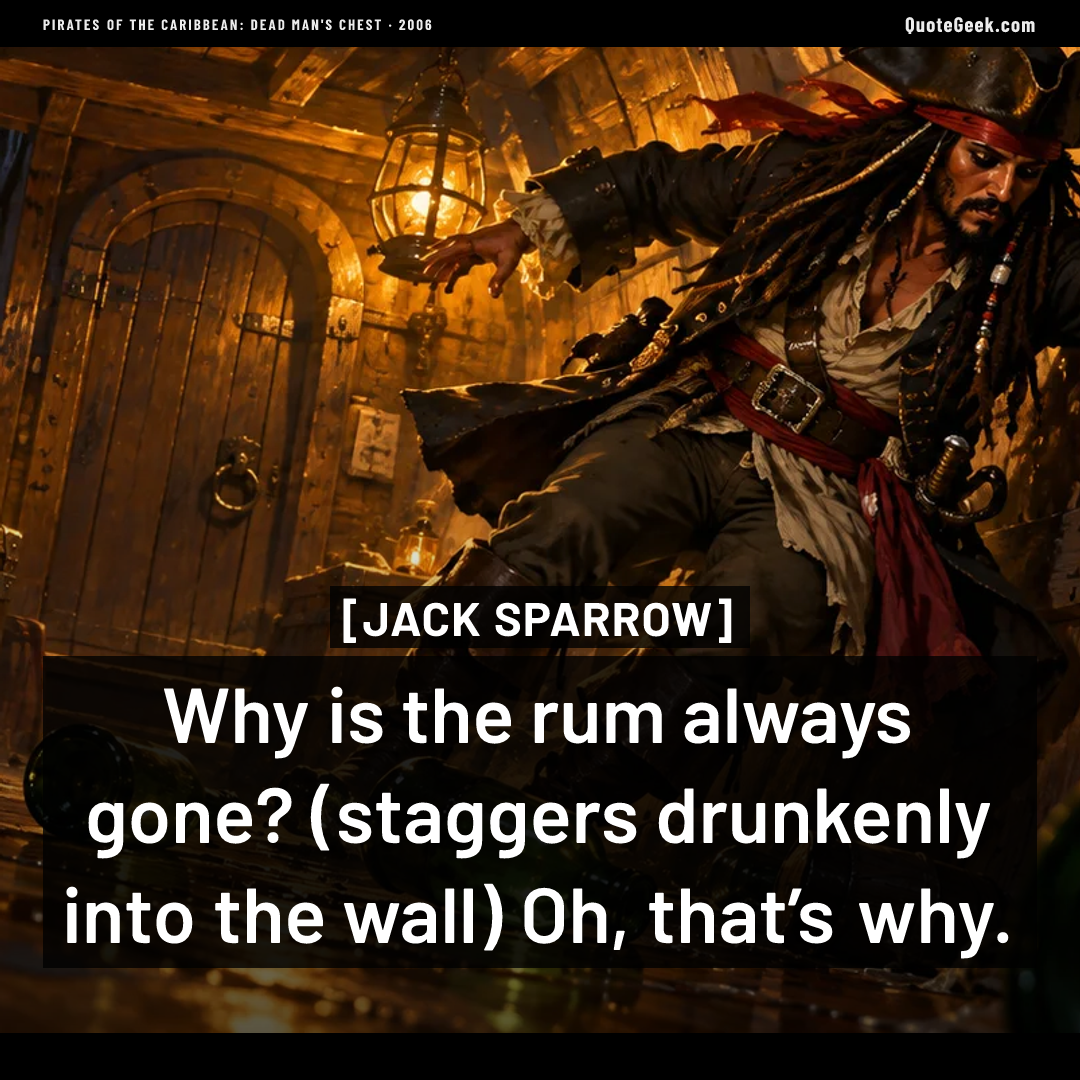 “Why is the rum always gone? (staggers drunkenly into the wall) Oh, that’s why.” — Jack Sparrow · Pirates of the Caribbean: Dead Man's Chest. Illustrated QuoteGeek card.