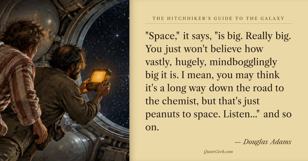 “"Space," it says, "is big. Really big. You just won't believe how vastly, hugely, mindbogglingly big it is. I mean, you may think it's a long way down the road to the chemist, but that's just peanuts to space. Listen..." and so on.” — Douglas Adams · The Hitchhiker's Guide to the Galaxy. Illustrated QuoteGeek card.