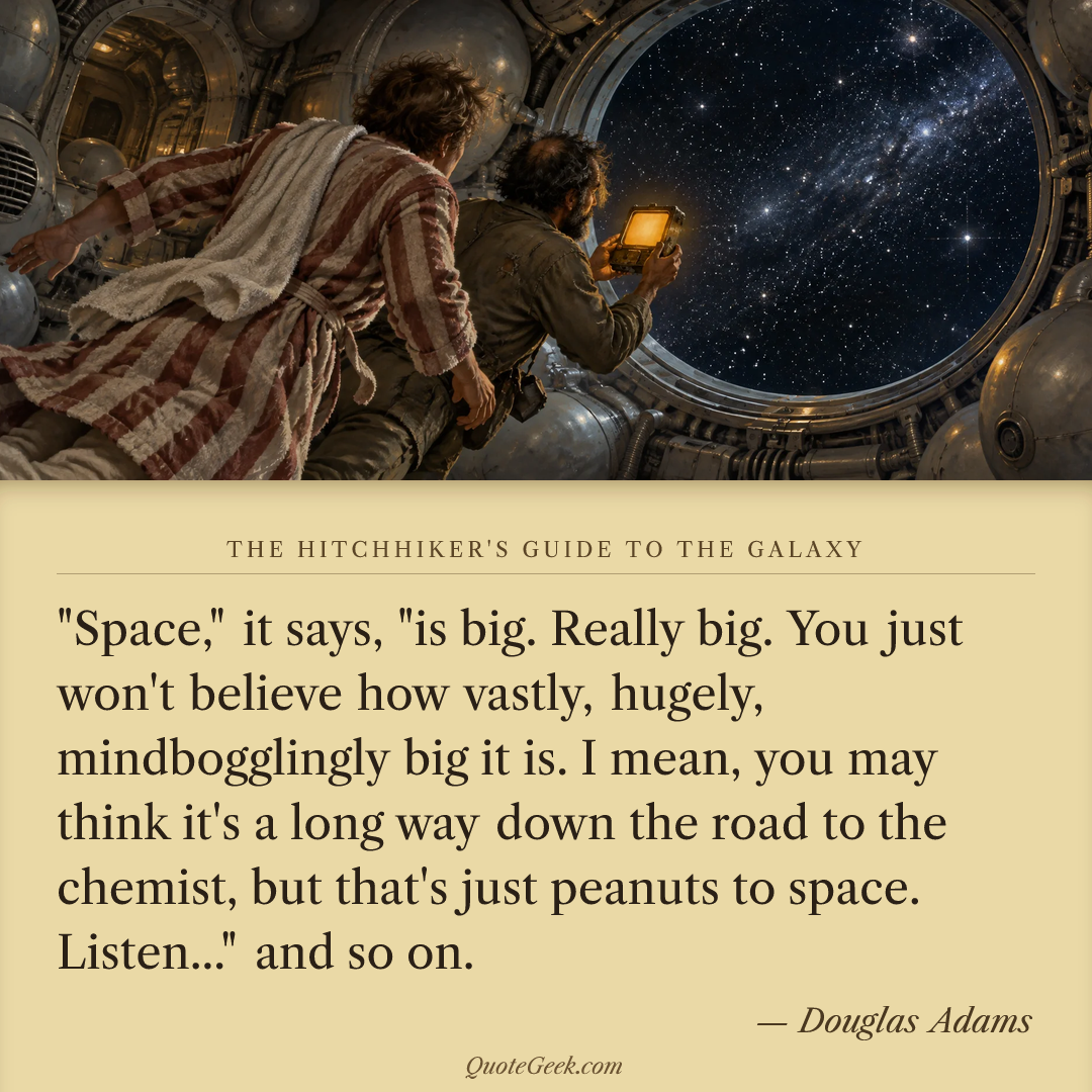 “"Space," it says, "is big. Really big. You just won't believe how vastly, hugely, mindbogglingly big it is. I mean, you may think it's a long way down the road to the chemist, but that's just peanuts to space. Listen..." and so on.” — Douglas Adams · The Hitchhiker's Guide to the Galaxy. Illustrated QuoteGeek card.
