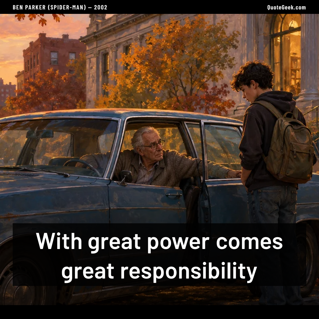 “With great power comes great responsibility” — Ben Parker (Spider-Man) · Spider-Man. Illustrated QuoteGeek card.