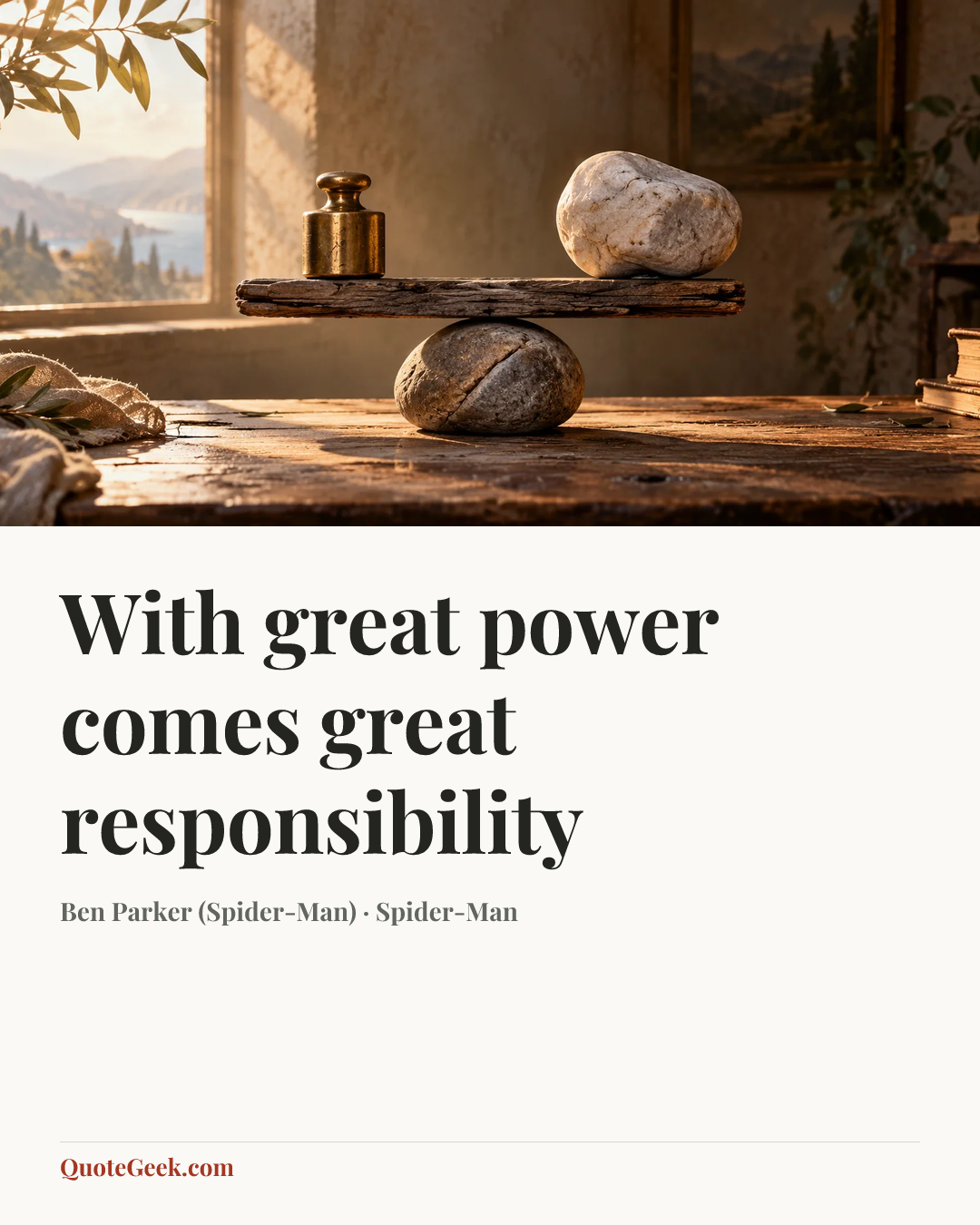 “With great power comes great responsibility” — Ben Parker (Spider-Man) · Spider-Man. Illustrated QuoteGeek card.