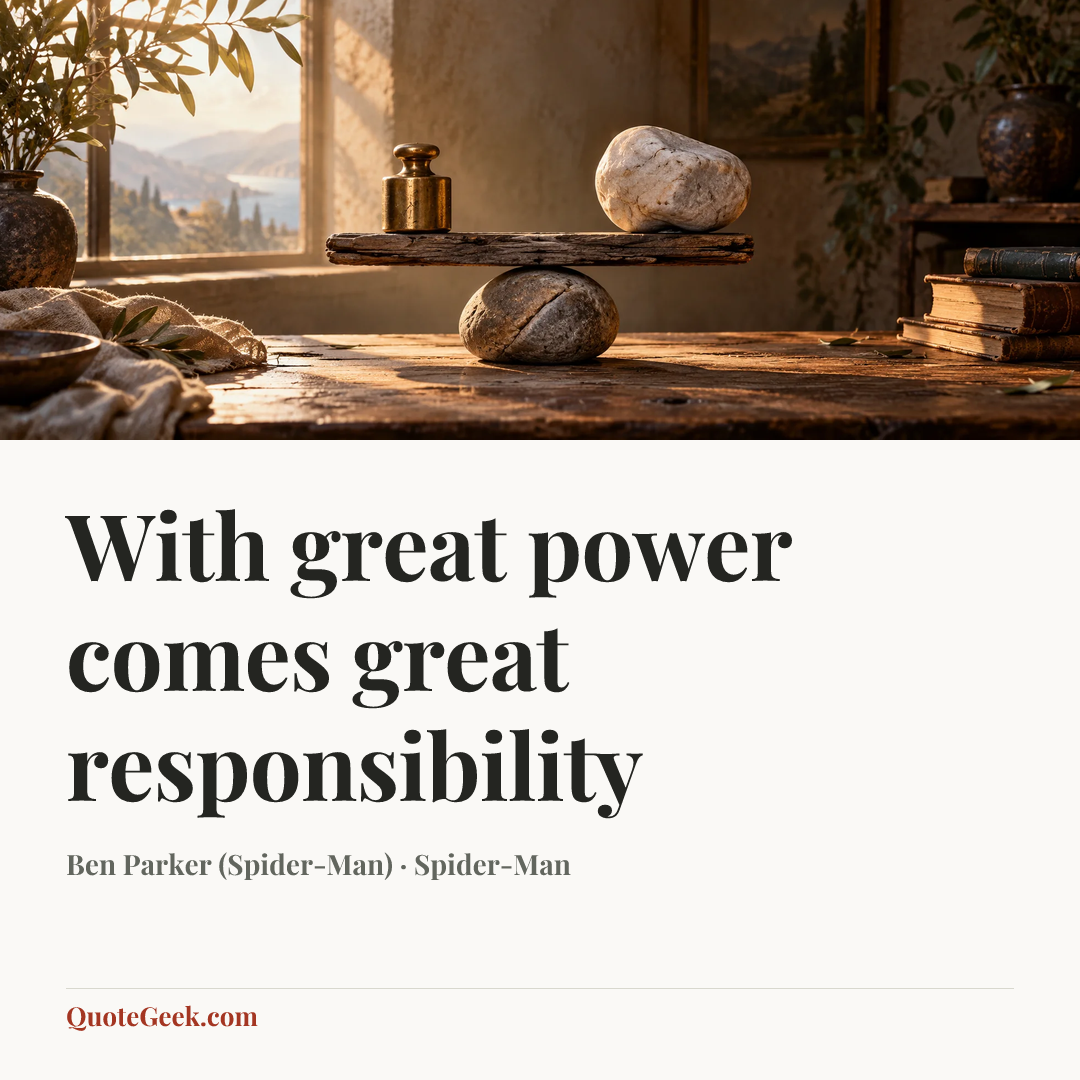 “With great power comes great responsibility” — Ben Parker (Spider-Man) · Spider-Man. Illustrated QuoteGeek card.